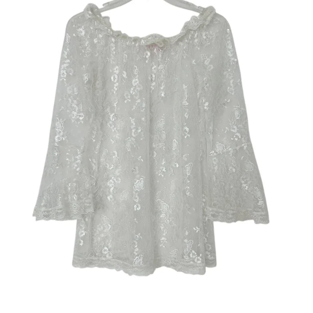 Victoria's Secret Y2K White Sheer Lace Bell‎ Sleeve Ruffle Nightie Lingerie (S)